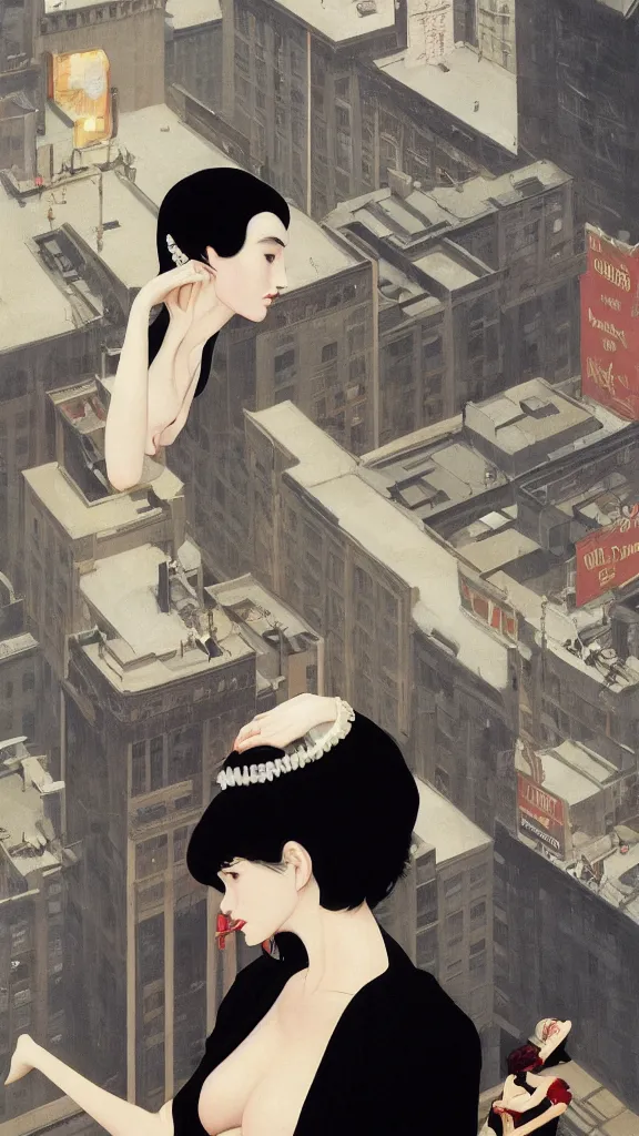 Image similar to a tall and beautiful pale woman with very black hair with a crown on her head walk in the streets of new york circa 1 9 8 4 edward hopper and james gilleard, surreal, open ceiling, highly detailed, airbrush, ilya kuvshinov, wlop, stanley artgerm, very coherent, art by takato yamamoto and james jean