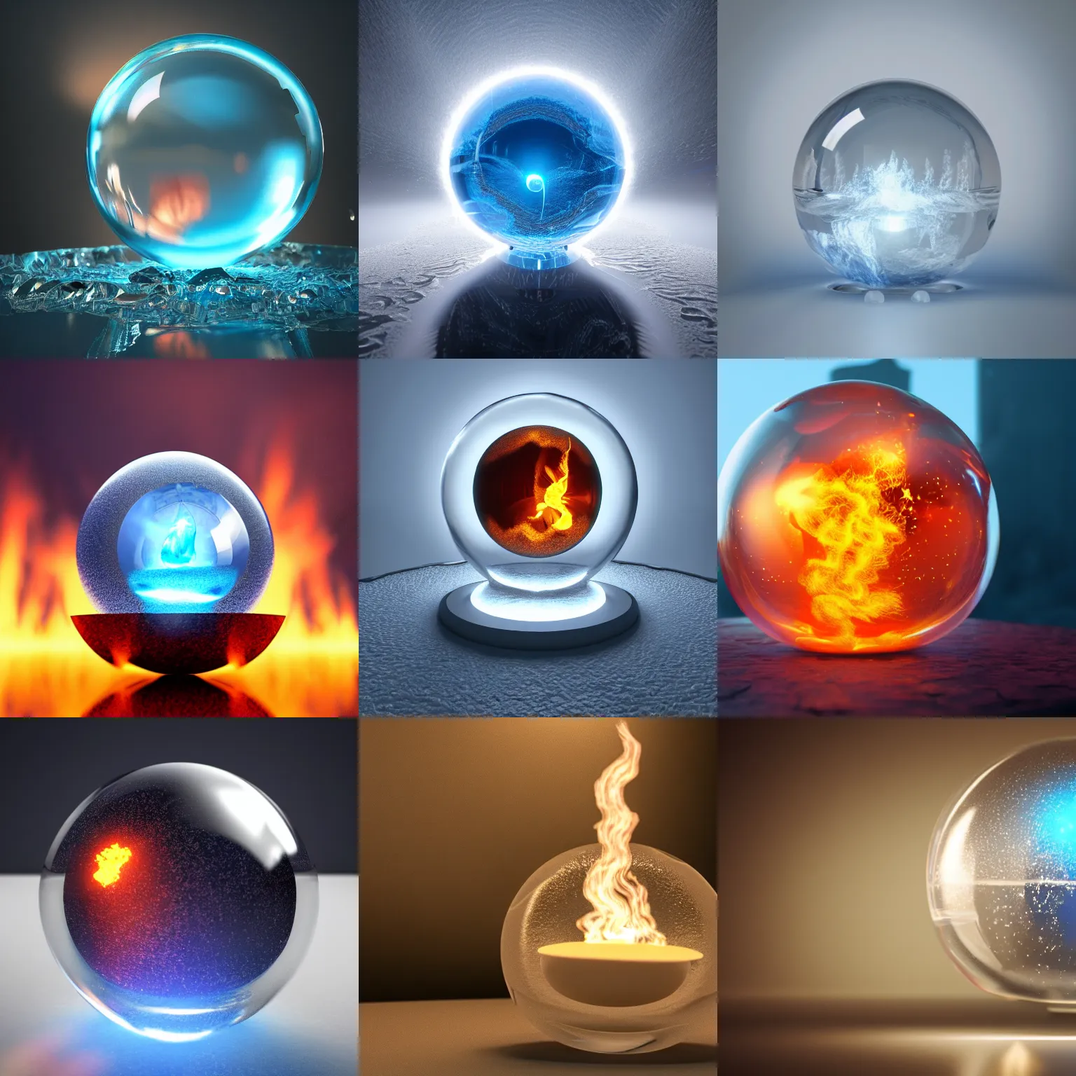Prompt: glass sphere fire inside on ice, 4k, HD, octane render, artstation, volumetric lightning, ultra detailed, realistic reflections