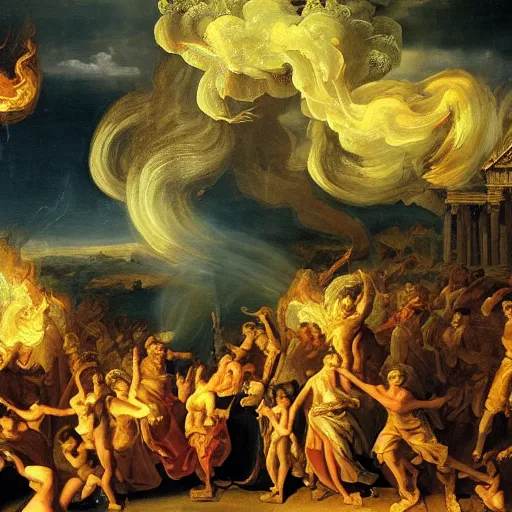 Image similar to baroque painting of burning athens with fire tornadoes