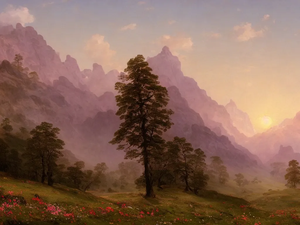 Prompt: epic landscape with rolling hills, groups of old trees with flower meadows in between in early morning light, small pink clouds in the sky and and misty mountains with snowy tops in the far background by alexandre calame and bob ross, godrays, velvia 5 0, large format camera, artstation, vray render