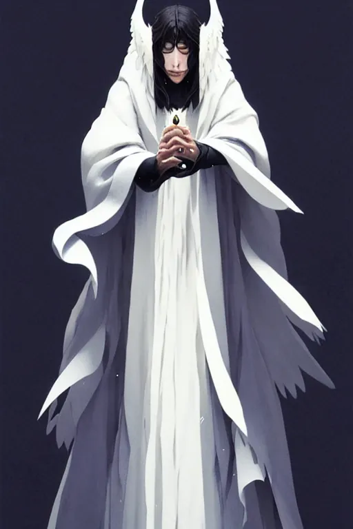 Image similar to raven headed warlock doing magic spells wind, white robes, finely detailed perfect face, exquisite details, mid view, design on a white background, by studio muti, greg rutkowski makoto shinkai takashi takeuchi studio ghibli