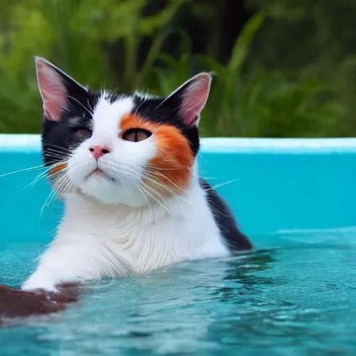 Prompt: a calico cat in a float in a pool