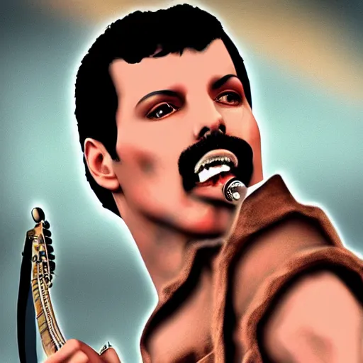 Image similar to Freddie mercury is singing in a post apocalyptic world, digital art