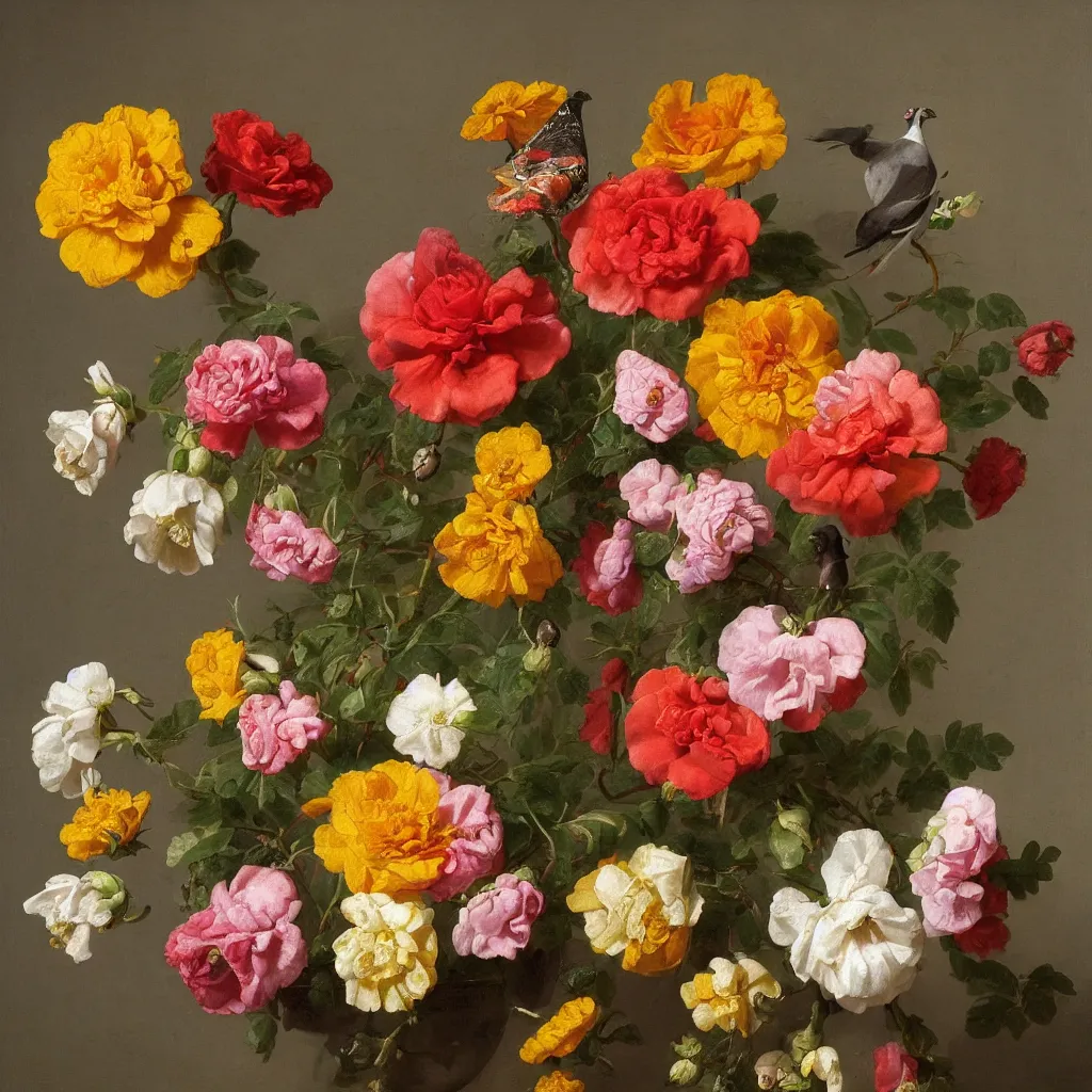 Image similar to a nosegay of roses, marigolds, larkspur and a pigeon by rachel ruysch, 1 6 9 5