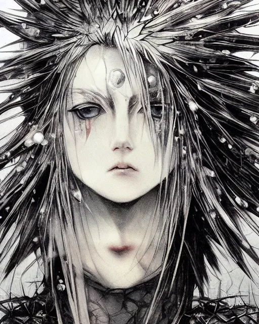 Image similar to Yoshitaka Amano realistic illustration of an anime girl with wavy white hair and cracks on her face wearing spiky crown and Elden ring armor with the cape fluttering in the wind, abstract black and white patterns on the background, noisy film grain effect, highly detailed, Renaissance oil painting, weird portrait angle