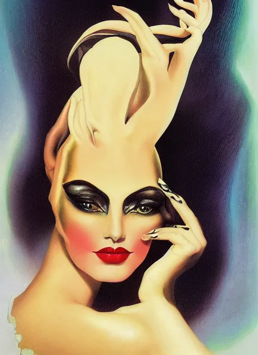 Image similar to an 8 0 s portrait of a woman with dark eye - shadow and red lips with dark slicked back hair dreaming acid - fueled hallucinations by serge lutens, rolf armstrong, delphin enjolras, peter elson