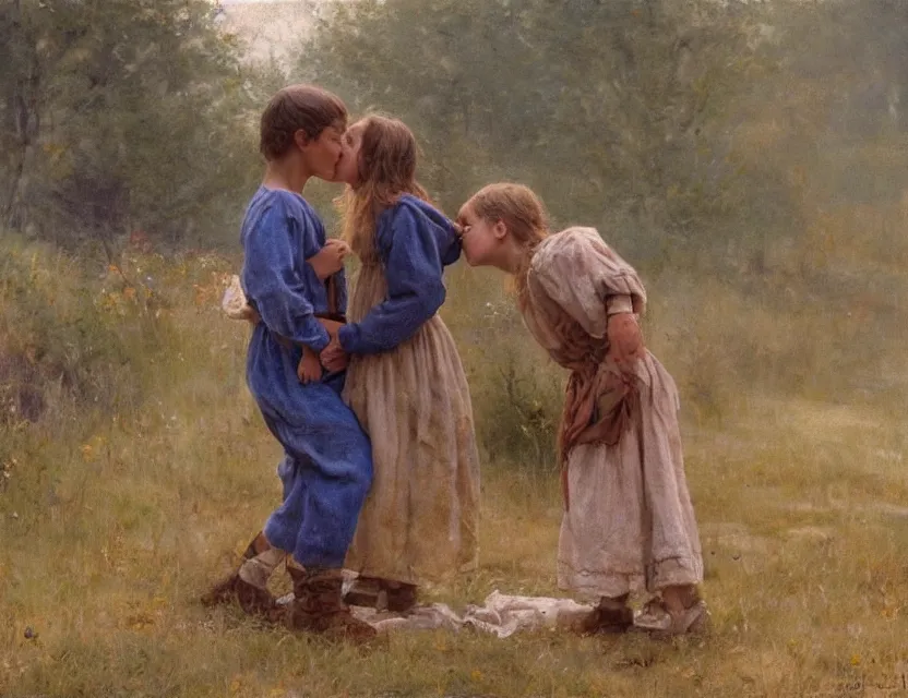 Image similar to peasant boy and girl first kiss, on a village, Cinematic focus, Polaroid photo, vintage, neutral colors, soft lights, foggy, by Steve Hanks, by Serov Valentin, by lisa yuskavage, by Andrei Tarkovsky 8k render, detailed, oil on canvas