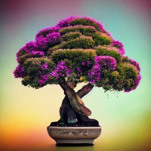 Image similar to A picture of a planet of various flowers, fungus and plants, Bonsai , in which the human figure is dressed in something magical and impressive, inside the picture is infinity, muted light, BotanicalAtmospheric phenomenon, artistic photography, muted colors, conceptual, Kodachrome