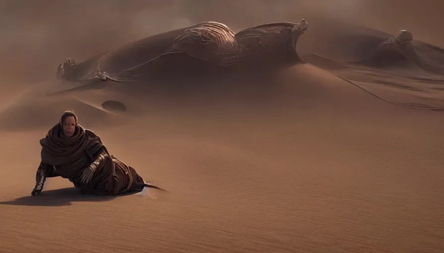 Image similar to a beautiful photo realistic still image from the movie dune, hyperrealistic, highly detailed by kalin popov and greg rutkowski