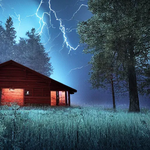 Image similar to a ultra realistic blue lightning arc over a cabin in the wood, by night. cows in the field. pines. horror movie scene, complex, highly detailed, unreal engine 5, 8 k render