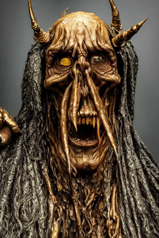 Image similar to photo taken of an epic intricate, ultra detailed, super realistic sculpture of a nightmarish hellish demonic hooded grim reaper sculpture on display in a workshop, created by weta workshop, head shots, photorealistic, sharp focus, f 0. 4, face centred, golden ratio