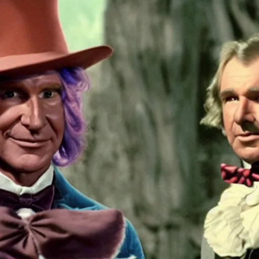 Prompt: still of harrison ford as willy wonka