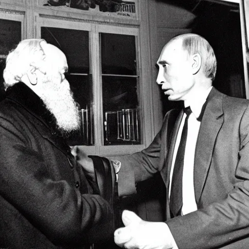 Prompt: karl marx and vladimir putin discussing communism, photo 1960, restaurant background