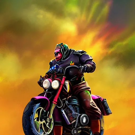 Image similar to colorful airbrush artwork, motorcycle, stylized action shot of an orc biker riding a motorcycle, drifting, skidding, wheelie, clear focused details, soft airbrushed artwork, black background, cgsociety, artstation