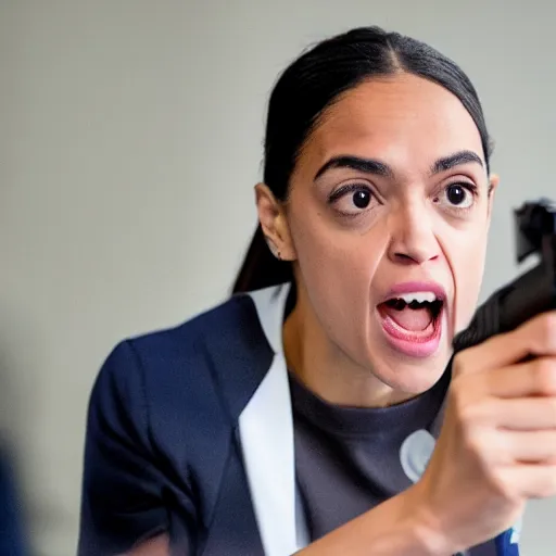 Image similar to Alexandria Ocasio-Cortez aiming a gun at the camera, realistic 4k