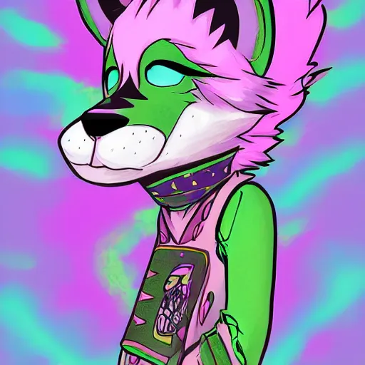 Image similar to Beautiful digital painting of an anthro anthropomorphic pastel-green wolf, Punk outfit.comic book, inked, cute, cozy