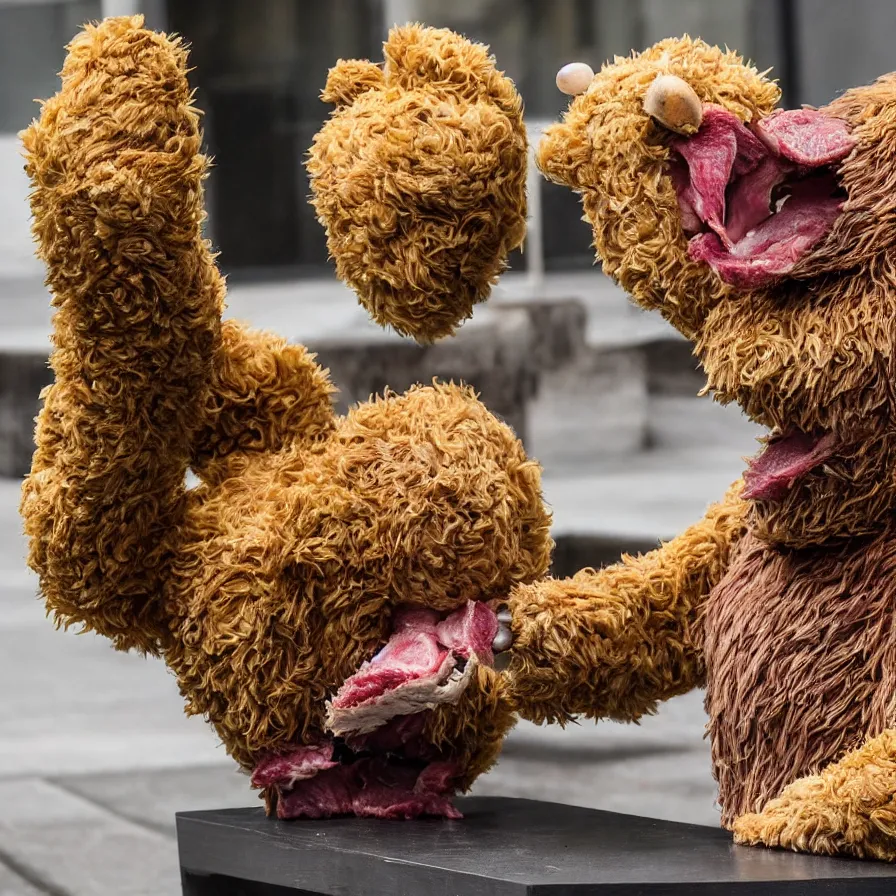 Prompt: beautiful studio photograph of a surrealist assemblage of fozzie bear tearing up a piece of meat with his sharp white teeth on a park bench, sculpted by ron mueck and matthew barney and rene magritte, hysterical realism intense cinematic lighting shocking detail 8 k