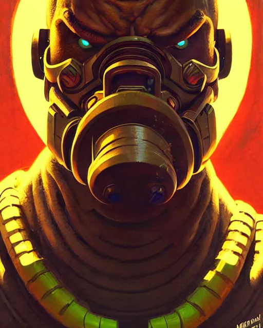 Image similar to doomfist from overwatch, character portrait, portrait, close up, concept art, intricate details, highly detailed, vintage sci - fi poster, retro future, vintage sci - fi art, in the style of chris foss, rodger dean, moebius, michael whelan, and gustave dore