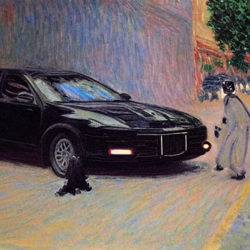 Prompt: Darth Vader driving a car in an alley, Painting by Claude Monet, Highly Detailed