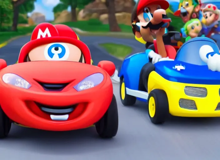 Prompt: steve buscemi driving a little tikes cozy coupe, movie still, from the new mario kart game, 8 k, realistic