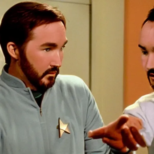 Prompt: Wesley Crusher (played by Wil Wheaton) from the USS Enterprise playing 3d chess with a vulcan, wearing slim clothes, handsome face,film still, grain, star trek series, TNG