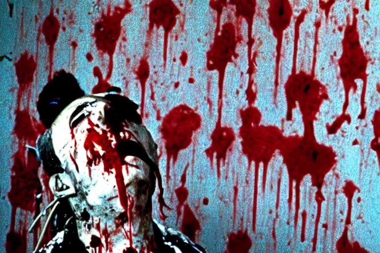 Image similar to filmic wide shot angle movie still 35mm film color photograph of a decapitated doctor with blood spewing from his neck and splattered blood all over the walls in a science lab in the style of a 1982 horror film