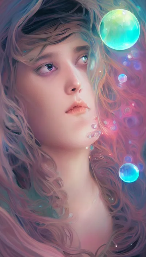 Prompt: man gets samsung galaxy s 2 2, dreamy and ethereal, expressive pose, big pink eyes, exciting expression, fantasy, intricate, elegant, many rainbow bubbles, rose tones, highly detailed, digital painting, artstation, concept art, cyberpunk wearing, smooth, sharp focus, illustration, art by artgerm and greg rutkowskiand alphonse mucha