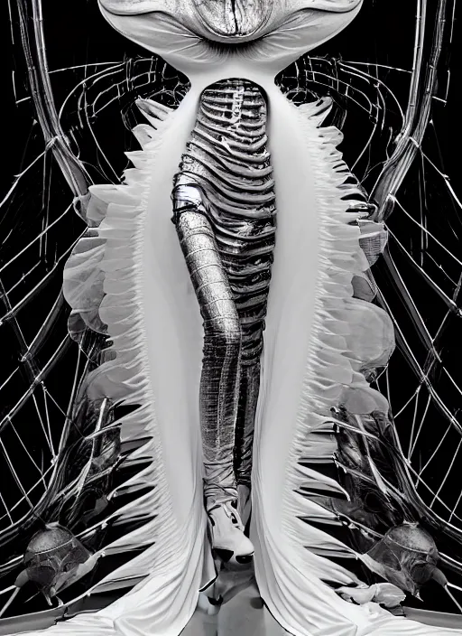 Prompt: walking down the catwalk, mert alas and marcus piggott, show, stage, vogue photo, podium, fashion show photo, historical baroque dress, iris van herpen, beautiful woman, full body shot, masterpiece, inflateble shapes, alien, predator, guyver, jellyfish, white biomechanical details, highly detailed