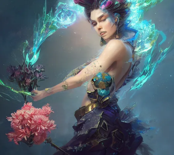 Image similar to beautiful girl necromancer covered with crystals exploding space, 3 d render, hyper realistic detailed portrait, holding magic flowers, ruan jia, wlop. scifi, fantasy, hyper detailed, octane render, concept art, peter mohrbacher