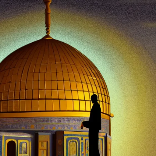 Prompt: a beautiful oil painting flyer design illustration of dome of the rock jerusalem and a silhouette of muslim is praying to god in front of it, intricate, elegant, glowing lights, highly detailed, digital painting, artstation, concept art, smooth, sharp focus, illustration, flat background