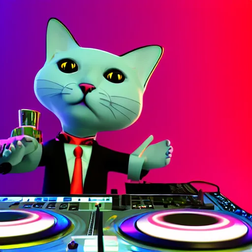 Prompt: anthropomorphic cat at a dj table spinning records, beautiful logo style, rendered in blender