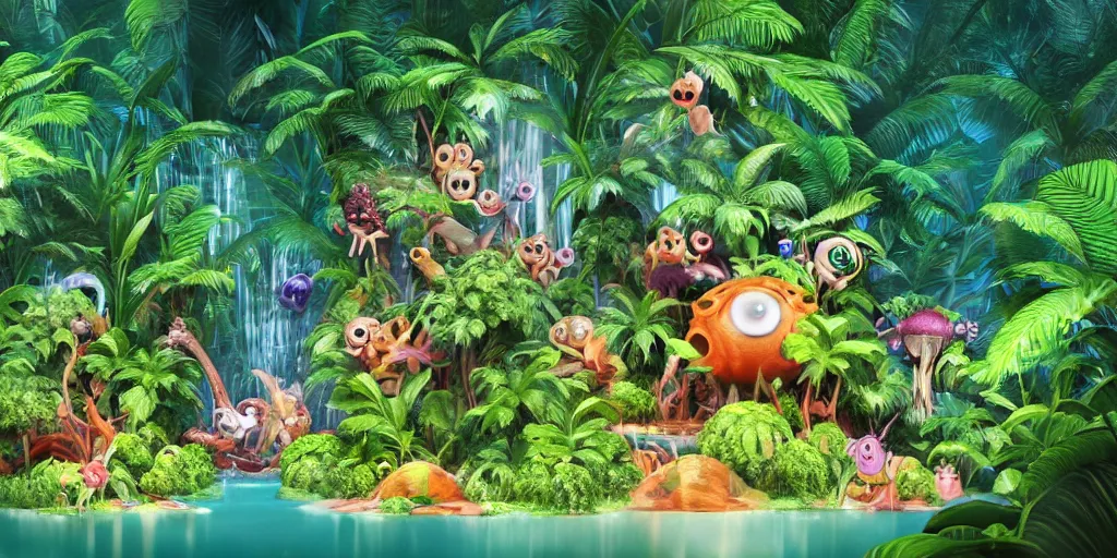 Image similar to of a tropical rainforest lake with strange cute friendly happy creatures with huge eyes, mouth, long tongue, round teeth and goofy face, appearing from the water, in the style of gehry and gaudi, macro lens, shallow depth of field, ultra detailed, digital painting, trending artstation, concept art, illustration, cinematic lighting, photorealism, epic, octane render