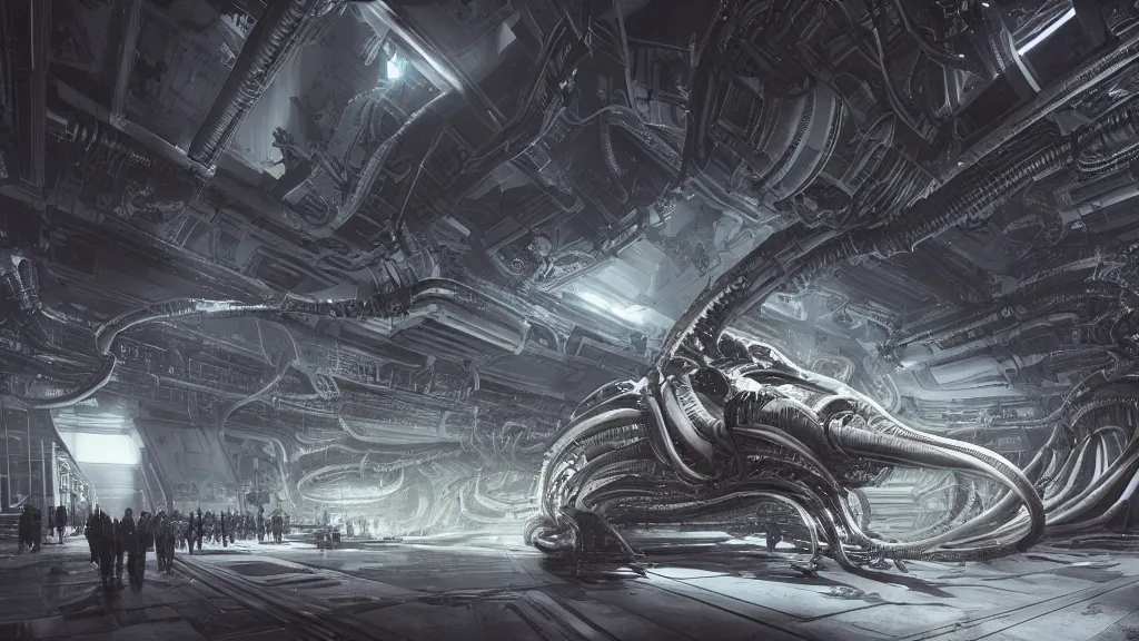 Image similar to a Photorealistic dramatic hyperrealistic,hyper detailed render of an Epic Sci-Fi, Gigantic Alien xenomorph spaceship inside huge interior hangar,intricate bio mechanical surface details in a top secret research facility,many tubes and cables hanging from the ceiling by Greg Rutkowski,Nicolas Bouvier,Sparth,ILM,Beautiful dynamic dramatic dark moody lighting,Volumetric,Cinematic Atmosphere,Octane Render,Artstation,8k