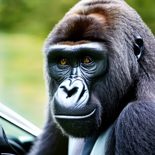 Prompt: a sophisticated gorilla in a suit selling a Volvo 740, high detail