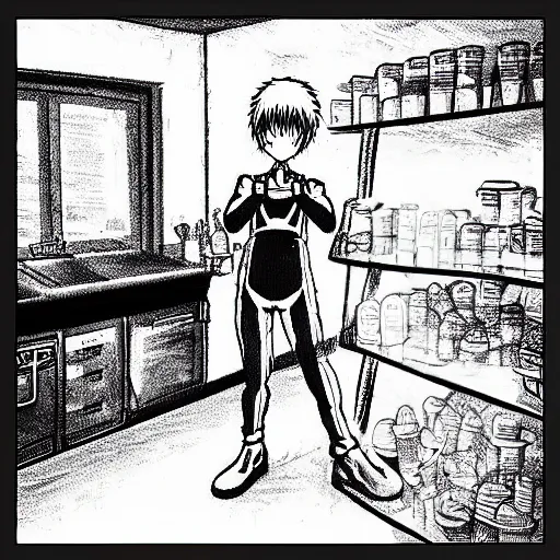 Image similar to one punch man dressed as a baker, in a bakery kitchen, baking french baguette, instagram post, detailed manga style