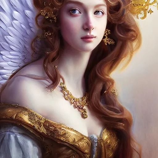 Prompt: A masterpiece portrait of a royal princess baroque rococo girl with tall white amazing with angel wings. trending on artstation, digital art, by Stanley Artgerm Lau, WLOP, Rossdraws, James Jean, Andrei Riabovitchev, Marc Simonetti, Yoshitaka Amano