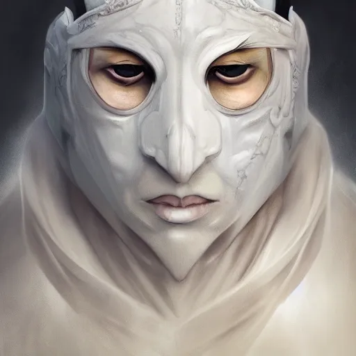 Prompt: a hyper realistic and detailed portrait of zum the planeswalker wearing a white marble mask, focus on face, mystic, mysterious, merchant collector, 8k, no skin, black eyes, trending on artstation, fog, masterpiece, in the style of Hou China