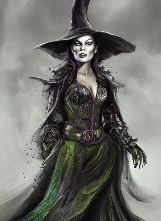 Prompt: beautiful female wicked witch, rebecca romijn as the wicked witch of the west, full body character concept, armor, super powers, fantasy, intricate, elegant, highly detailed, digital painting, artstation, concept art, shining, sharp focus, illustration, art by stanley lau