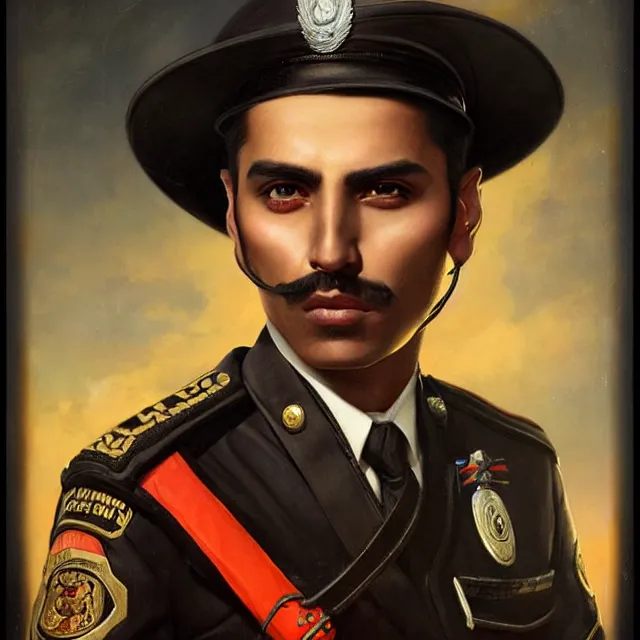 Image similar to portrait of a handsome mexican policeman, art by tom bagshaw and manuel sanjulian and franz xaver kosler