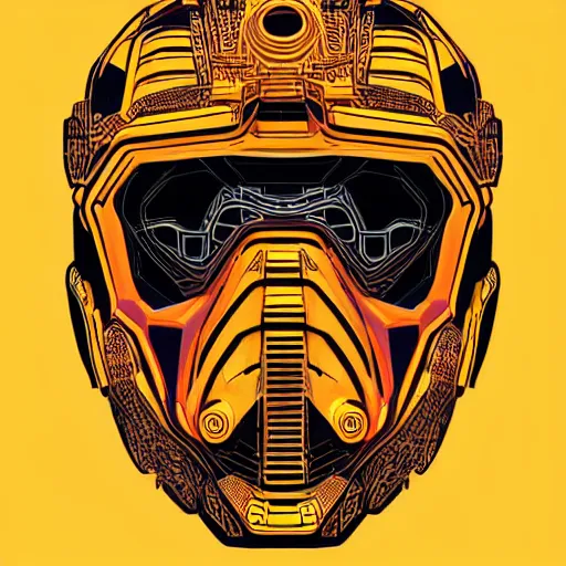 Image similar to helmet lion cyberpunk made of yellow lava and fire in angga tantama and wahyudi ramadhani style, profile portrait, robotic, digital illustration, vector art, drawing