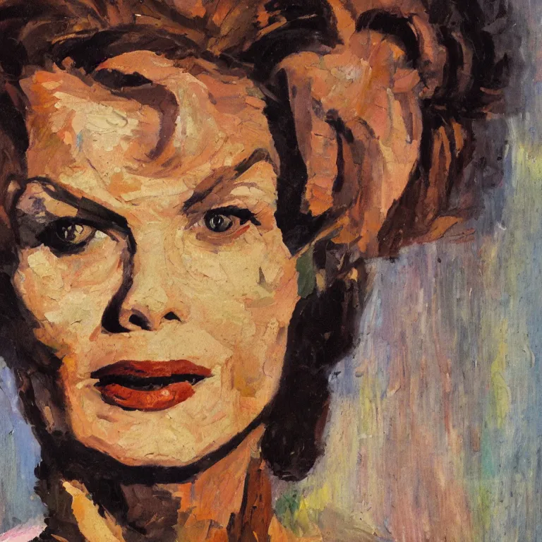 Prompt: close up studio portrait of Katherine Hepburn, age 30, gorgeous face, wearing a punk outfit in 1987, impasto heavy brushstrokes oil painting by Paula Modersohn Becker and Tim Hawkinson and Cy Twombly, Intense colors trending on artstation dramatic lighting Expressionism