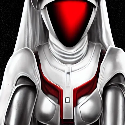 Image similar to a young female soldier, no makeup, in glossy sleek white armor inspired by samus aran, blood stains, dings and scratches, soot marks, long red cape, heroic posture, determined expression, no helmet, on the surface of mars, dramatic lighting, cinematic, sci-fi, hyperrealistic, detailed