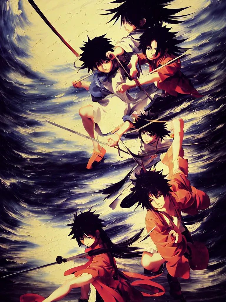 Image similar to baroque oil painting of key visual ninja duel, rain, rule of thirds golden ratio, fake detail, trending pixiv fanbox, acrylic palette knife, style of makoto shinkai takashi takeuchi yoshiyuki sadamoto