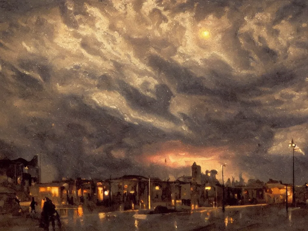 Image similar to a weird painting of a a lightning storm over a small town at night by john philip falter, camille corot, concept art, artstation