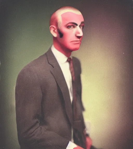 Prompt: portrait of a man in a suit with blindingly glowing white head, vintage technicolor film photo, grainy, high detail, high resolution