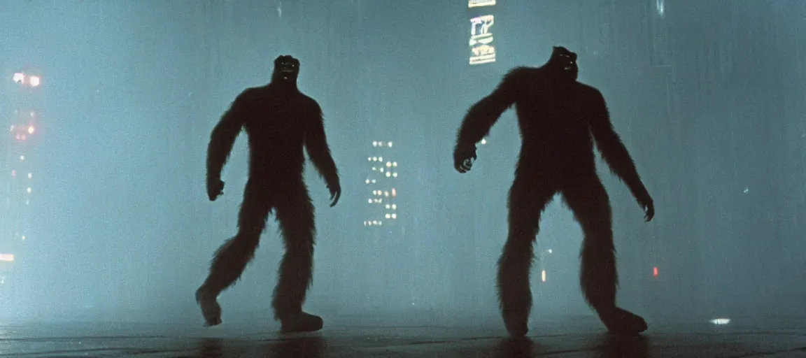 Prompt: an award winning photo of bigfoot in a still from the movie blade runner ( 1 9 8 2 ), 4 k, high quality