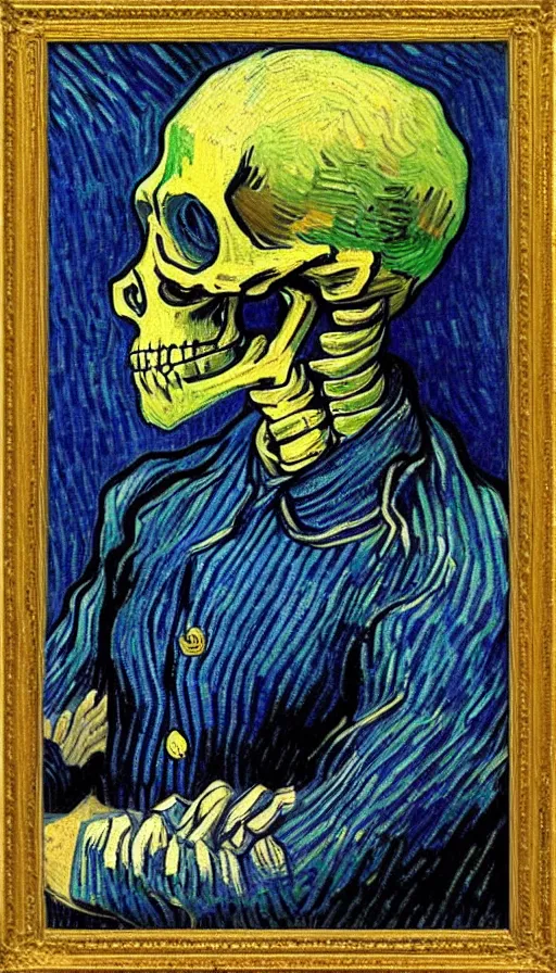 Image similar to portrait of a skeleton sailor by Van Gogh
