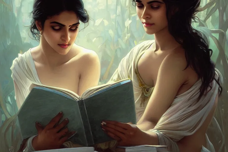 Image similar to sensual good looking pale young bengali girl with soulful eyes reading a novel, portrait, elegant, intricate, digital painting, artstation, concept art, smooth, sharp focus, illustration, art by artgerm and greg rutkowski and alphonse mucha