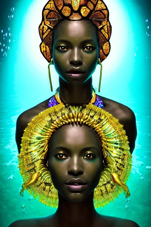 Image similar to hyperrealistic precisionist cinematic very expressive! bioluminescent african goddess, full body, underwater scene with fish and algae, gold jewerly, highly detailed face, digital art masterpiece, eric zener cam de leon, dramatic pearlescent turquoise light on one side, long shot, low angle uhd 8 k, sharp focus