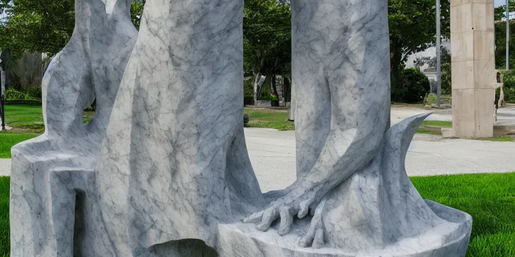 Image similar to a city park abstract statue, carved in marble, photorealistic